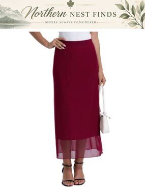 Elastic Waist A-Line Flowy Midi Skirt with Lining Business Casual